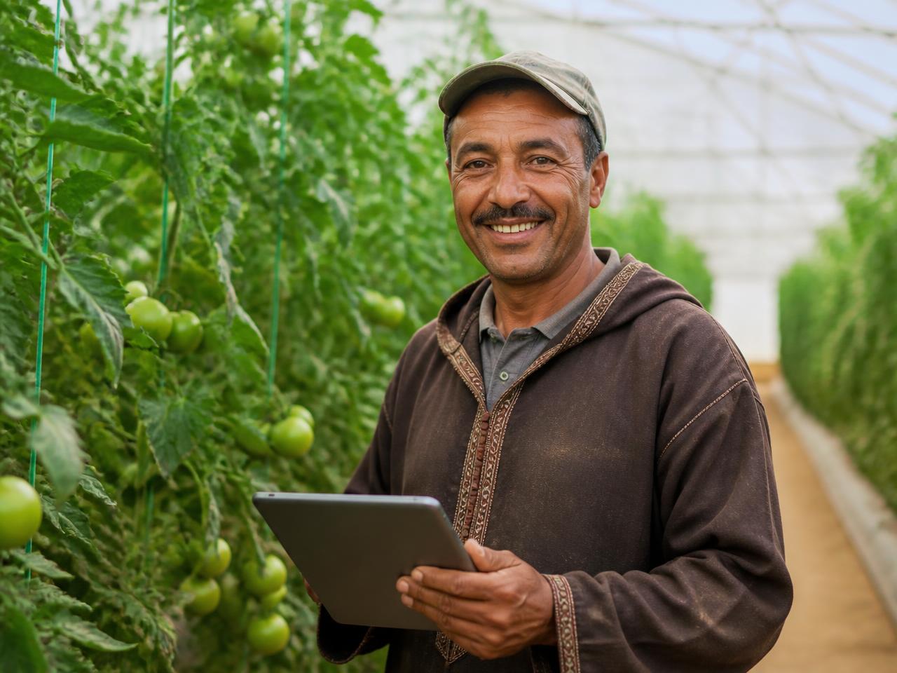 Moroccan farmer working inside a modern greenhouse