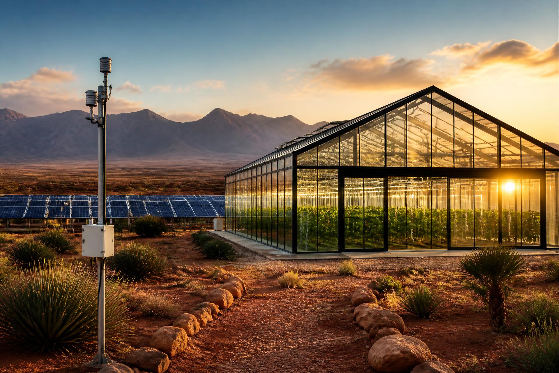 Modern greenhouse in Morocco at sunrise
